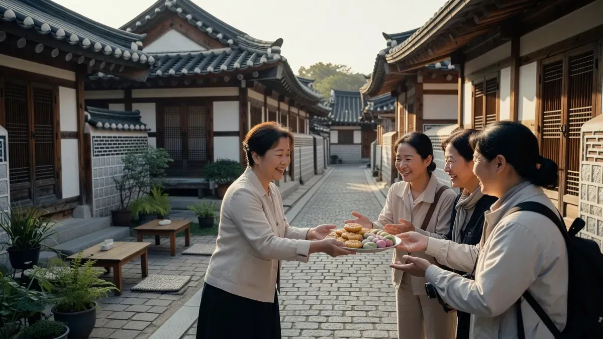 A guide serving traditional Korean sweets in a hanok courtyard in Bukchon on a seoul food tours cultural walk in Seoul, South Korea