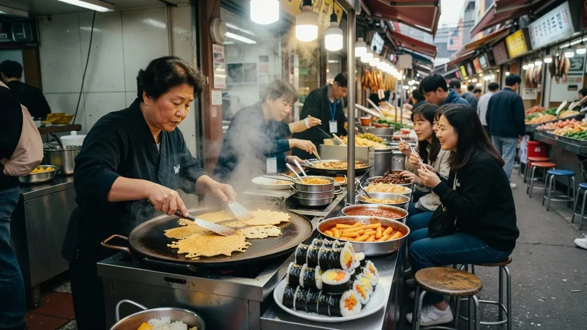 An aunt frying golden bindaetteok mung-bean pancakes at a Gwangjang stall on a seoul food tours market tasting in Seoul, South Korea