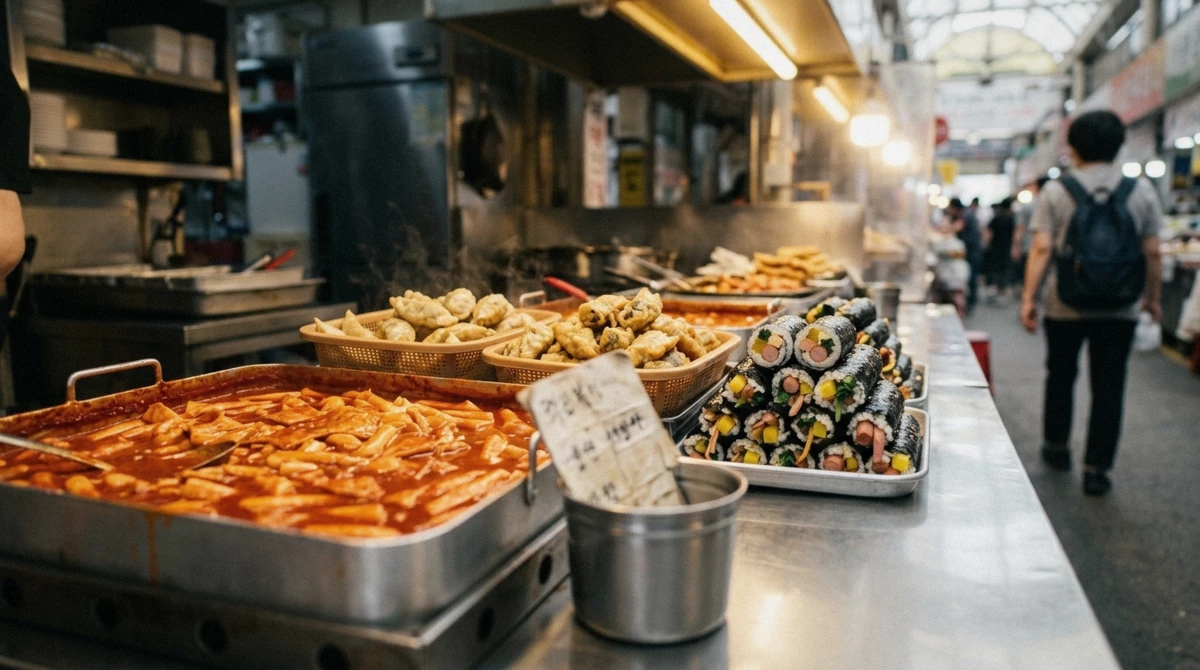 A handwritten posted-price board at a Seoul street food stall showing a seoul food tour cost comparison point in a traditional market