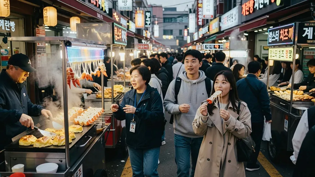 Glowing food carts and skewers crowding Myeongdong night market on a seoul food tours evening crawl in Seoul, South Korea